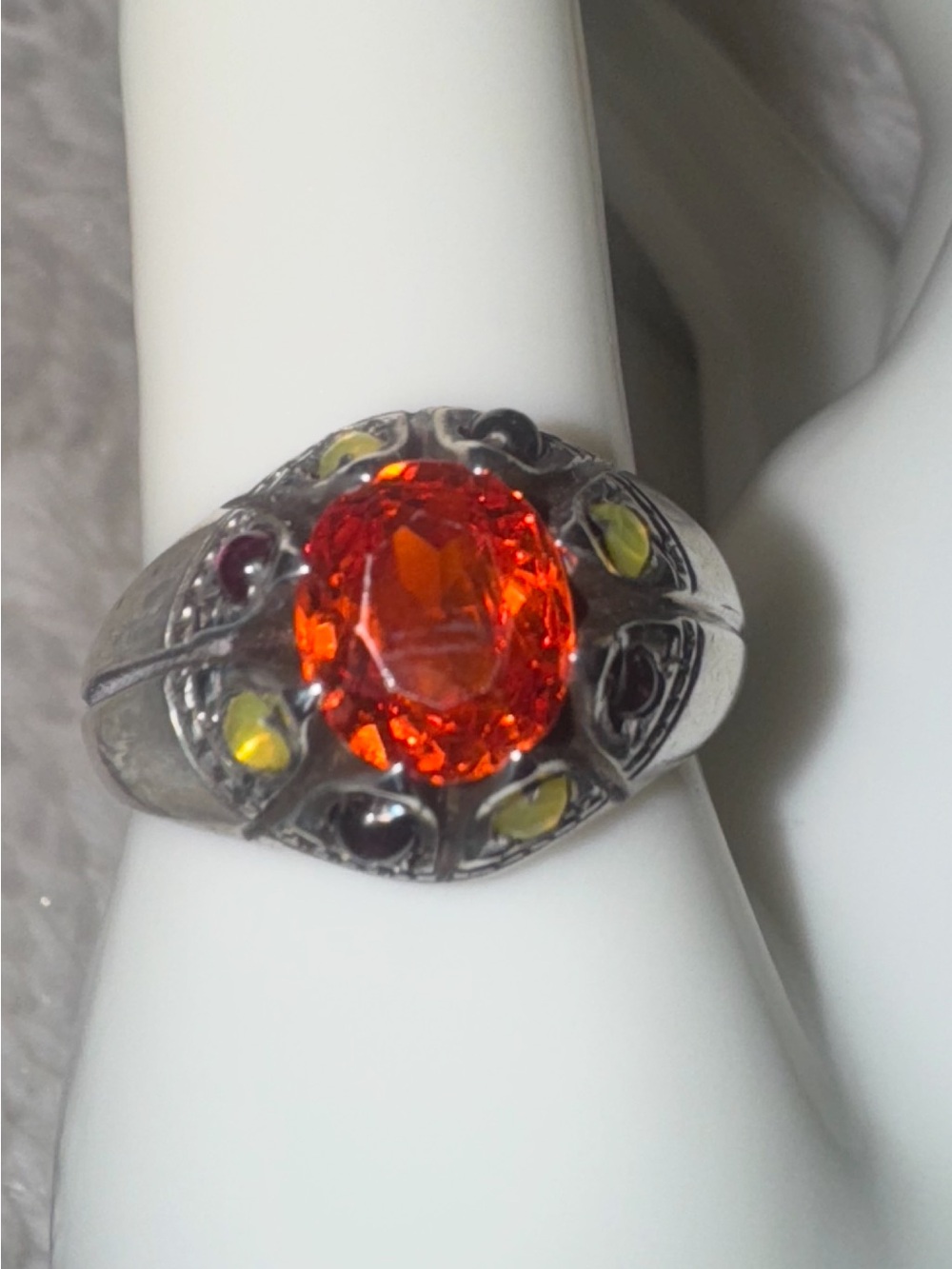 Vintage Unique Solid Sterling Fire Opal w/Citrine & Amethyst Stones, size 9.5